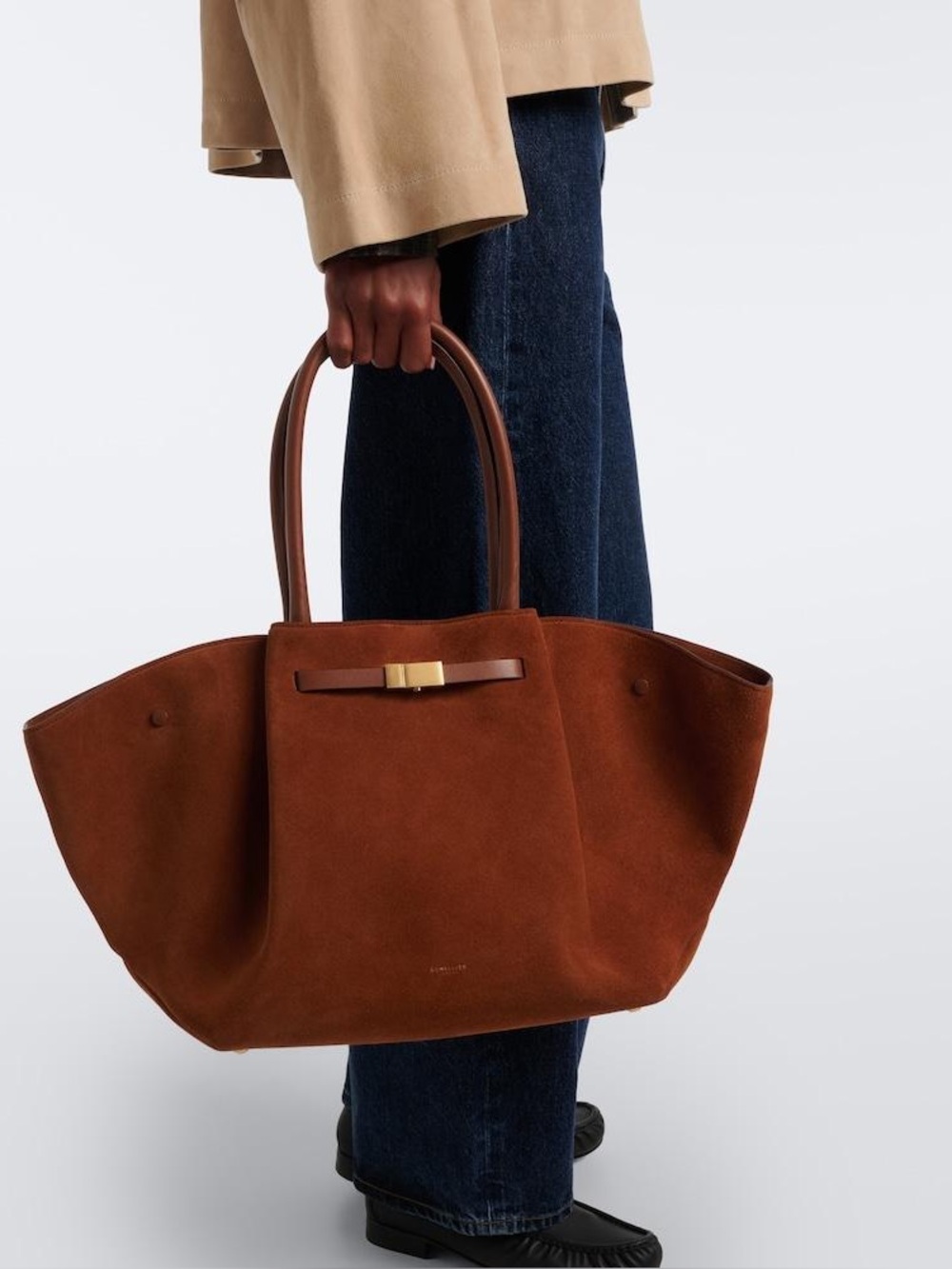 DeMellier Cognac Suede Tote with Top Strap Accent